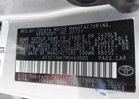 2021 Toyota Camry Le z USA, uszkodzony, nr VIN 4T1C11AK7MU443000